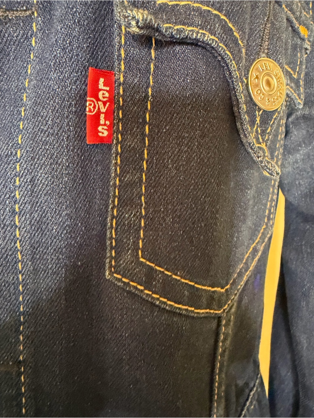 Levi's Type 1 Long Iconic Indigo Denim Jacket with Yellow Stitching Size Large - Picture 3 of 6